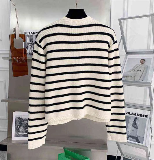 same black and white stripe contrast color knitted cardigan women's round neck single breasted sweater coat