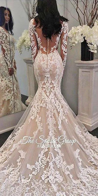 New Illusion Long Sleeves Lace Mermaid Wedding Dresses Tulle Applique Court princess Wedding Bridal Gowns With Buttons