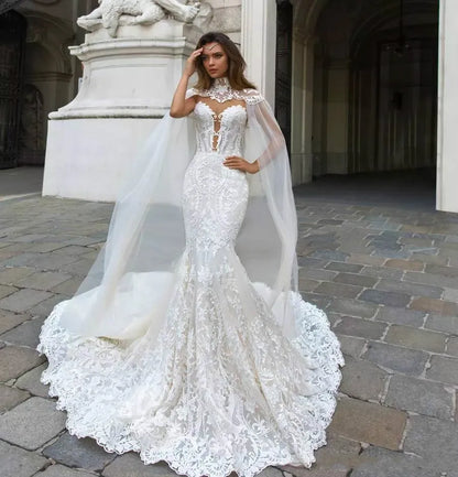 Gorgeous Mermaid Lace Wedding Dresses With Cape Sheer Plunging Neck Bohemian Wedding Gown Appliqued Plus Size Bridal Vestidos De Novia