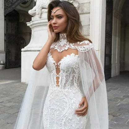 Gorgeous Mermaid Lace Wedding Dresses With Cape Sheer Plunging Neck Bohemian Wedding Gown Appliqued Plus Size Bridal Vestidos De Novia