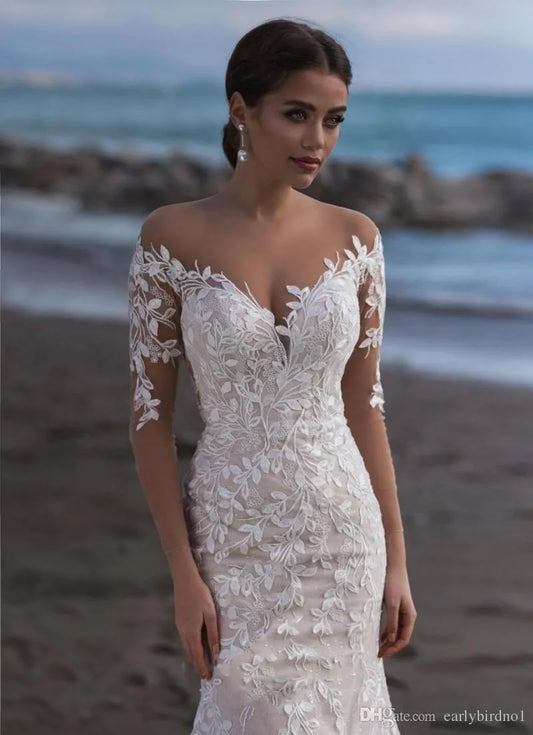 Beach Lace Long Sleeves Mermaid Wedding Dresses Appliqued Sweep Train Plus Size Wedding Dress Bridal Gowns vestido de novia Brautkleider