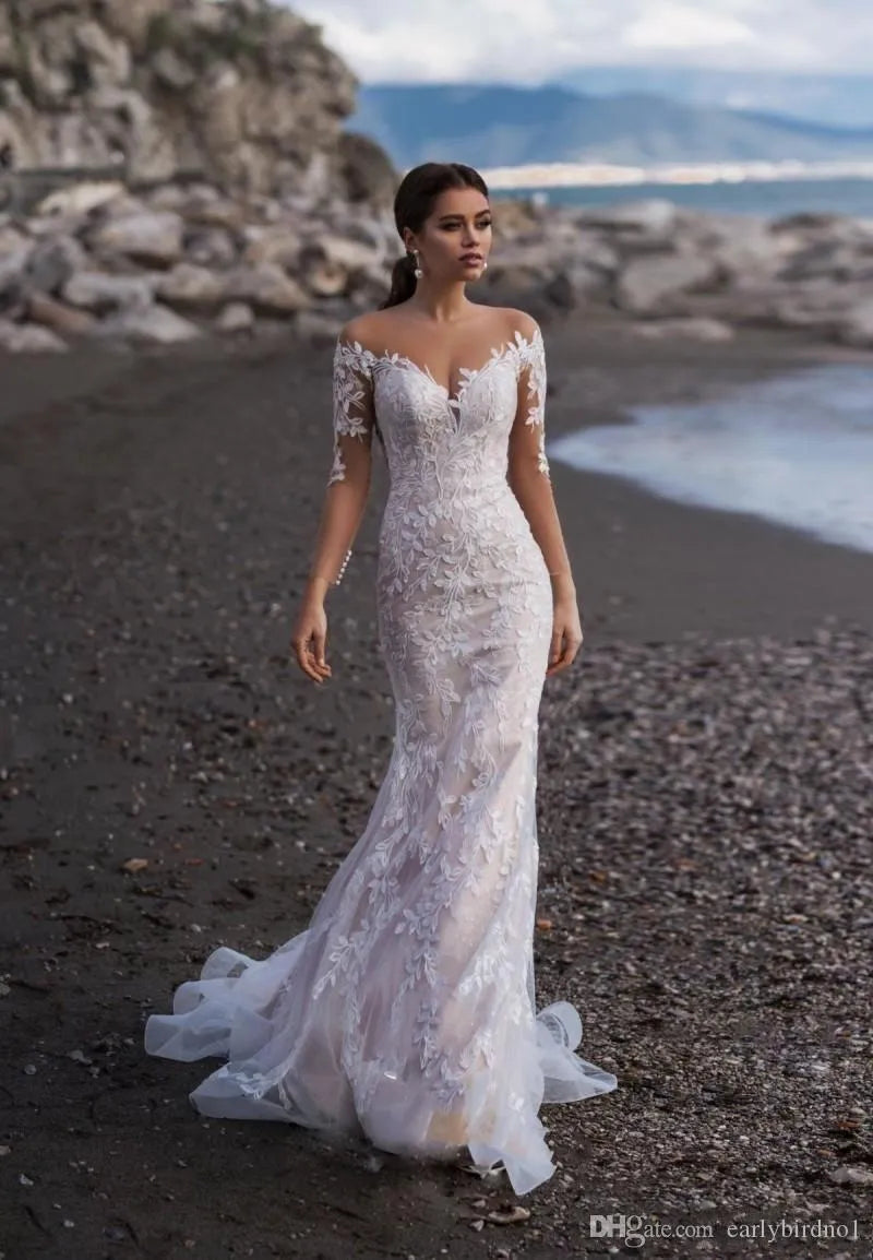 Beach Lace Long Sleeves Mermaid Wedding Dresses Appliqued Sweep Train Plus Size Wedding Dress Bridal Gowns vestido de novia Brautkleider