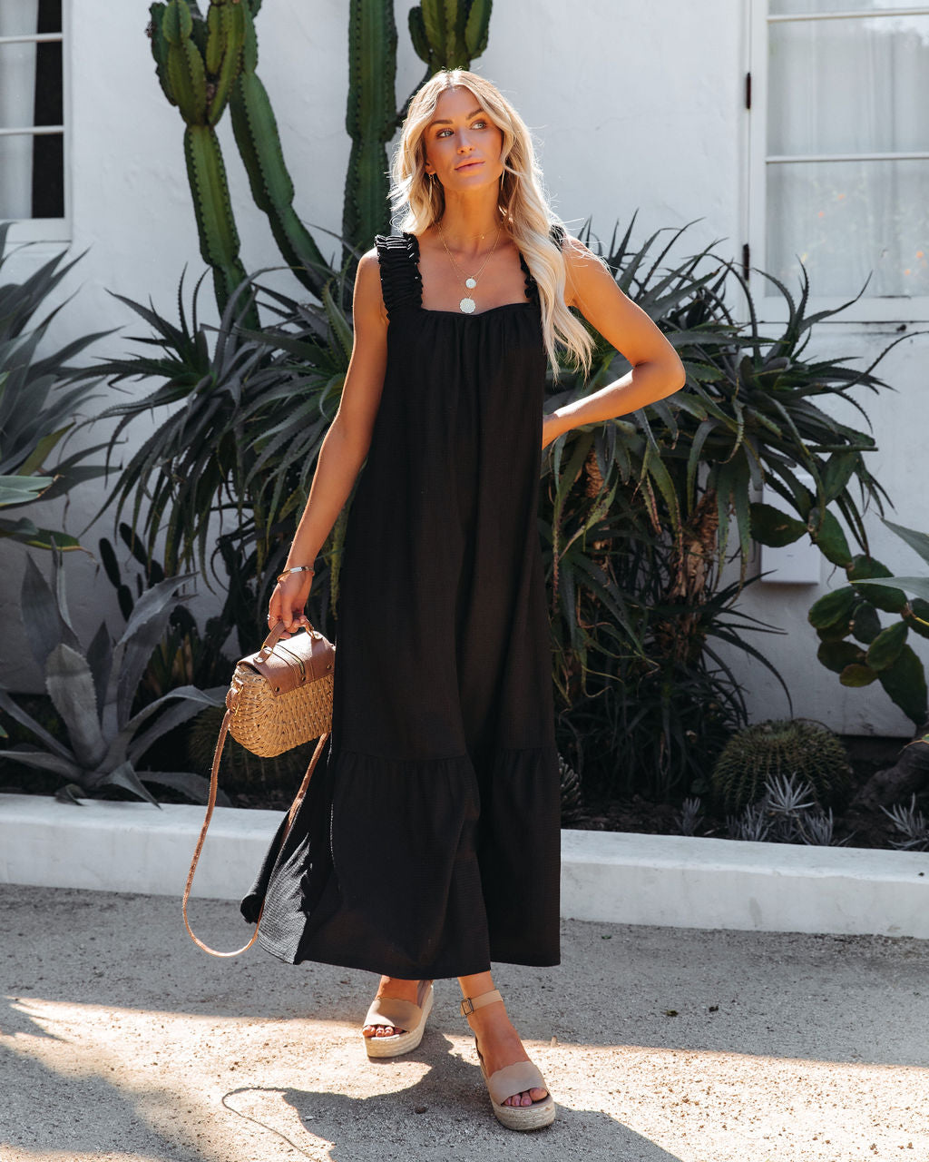 Antmvs You Are Loved Ruched Strap Maxi Dress - Black