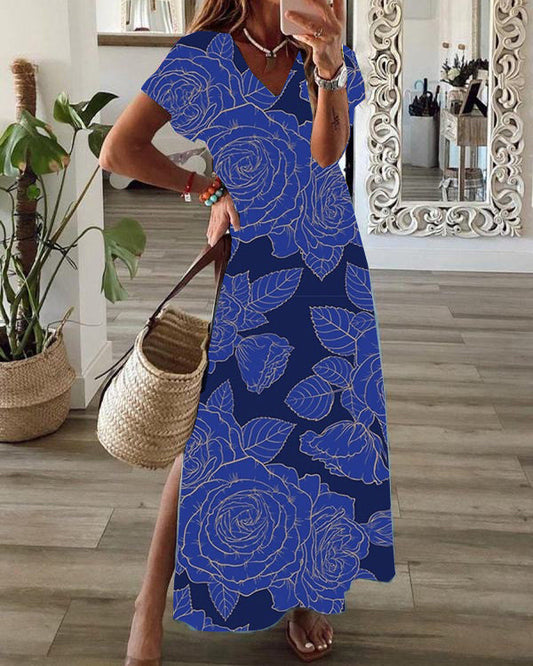 Casual Floral Print V-Neck Short Sleeve Hem Slit Maxi Dress