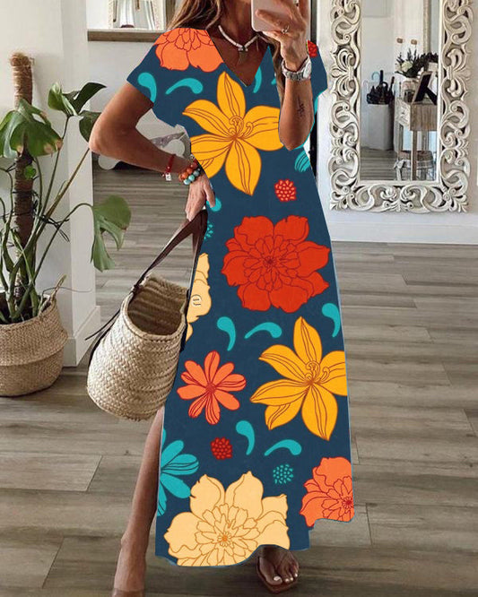 Casual Floral Print V-Neck Short Sleeve Hem Slit Maxi Dress