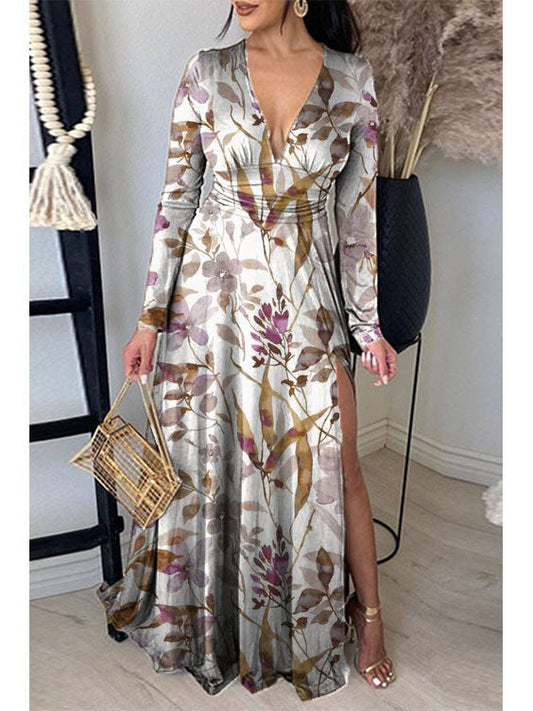 Printed Neck Pleated Elegant Slit V-Neck Maxi Dress