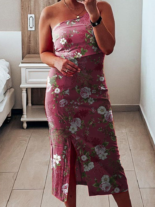 Printed Satin Elegant Fitted One-Shoulder Long Slit Dress