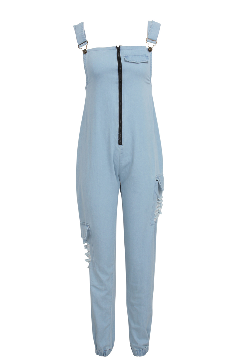 Antmvs Denim Zipper Pocket Ripped Jumpsuit