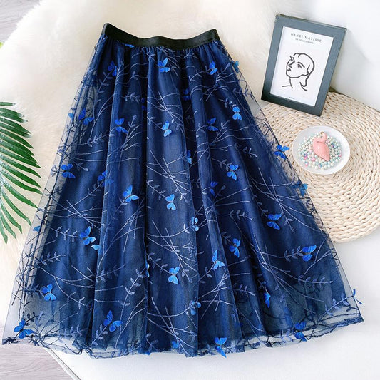 Antmvs Embroidery Mesh Midi Skirt