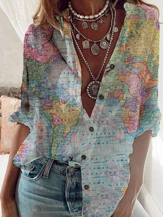 Vintage Map  Shift Short Sleeve Graphic Shirt Collar Shirts & Tops