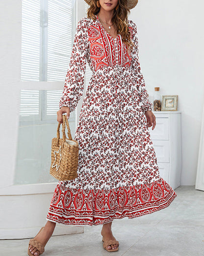 Casual Vintage Boho V-Neck Print Dress