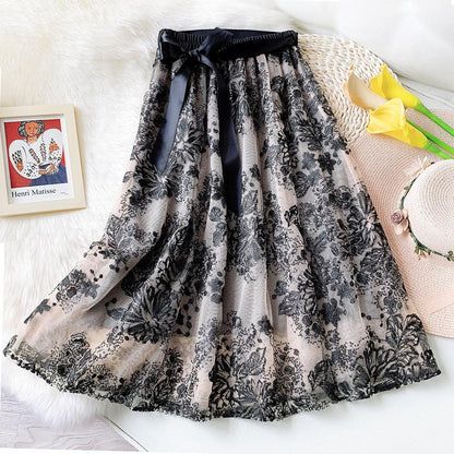 Antmvs Black Embroidery Midi Skirt