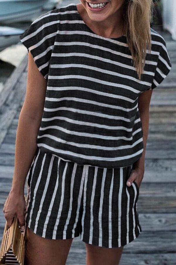 Antmvs Stripe Print Round Neck Short Sleeve Romper