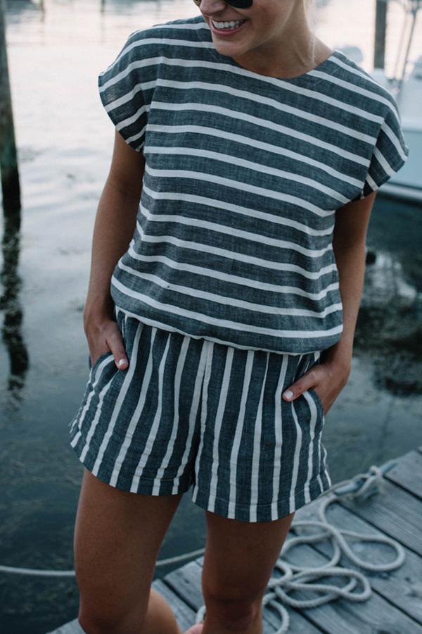 Antmvs Stripe Print Round Neck Short Sleeve Romper