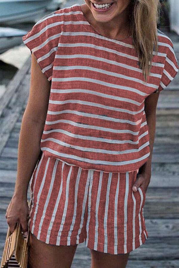 Antmvs Stripe Print Round Neck Short Sleeve Romper