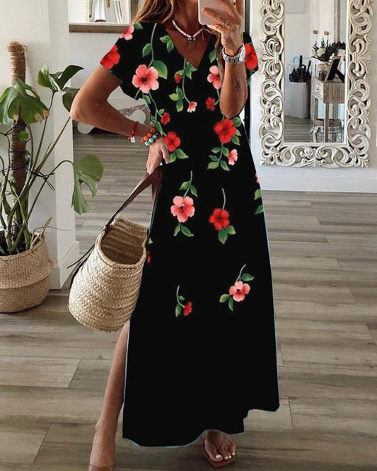 Casual Floral Print V-Neck Short Sleeve Hem Slit Maxi Dress