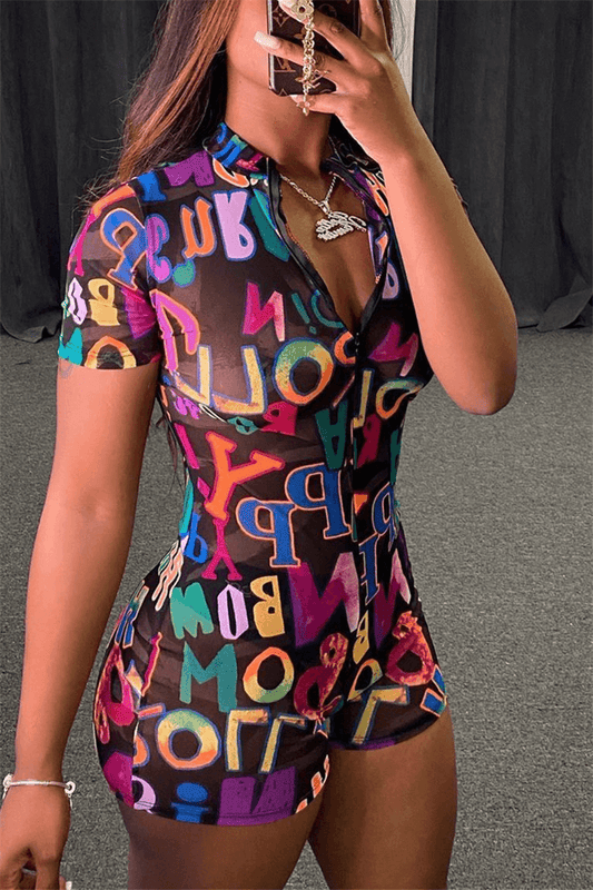 Antmvs Sexy Slim Letter Print Zipper Romper