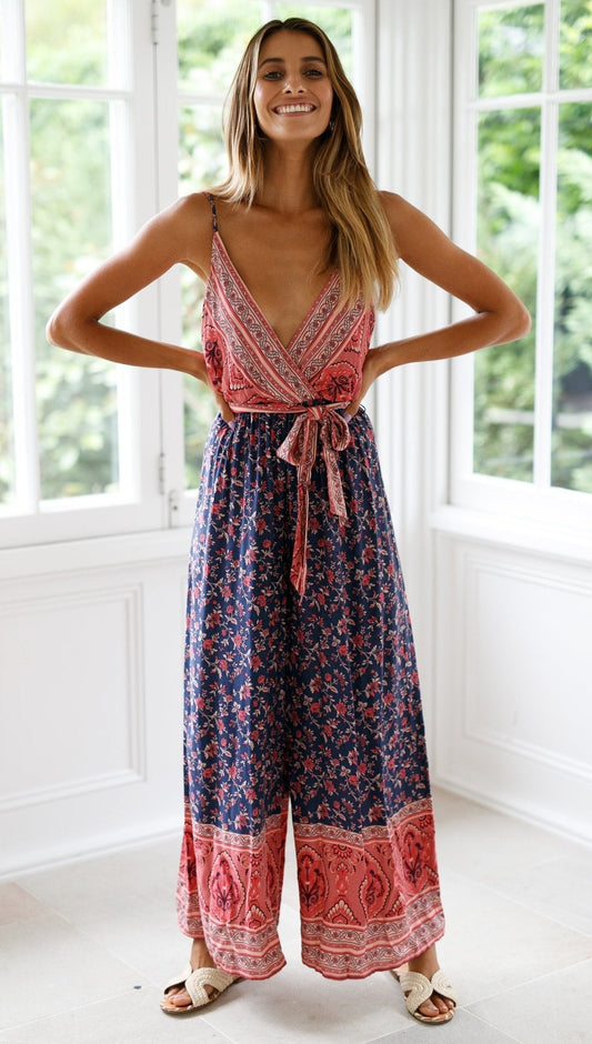 Antmvs Boho Navy Floral Surplice Jumpsuit