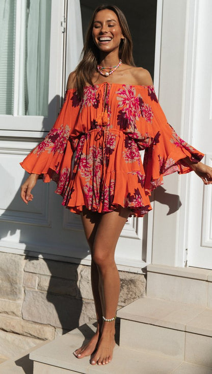 Antmvs Carrot Floral Off Shoulder Withdraw Rompers