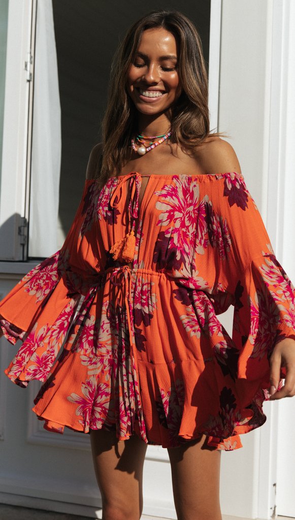 Antmvs Carrot Floral Off Shoulder Withdraw Rompers