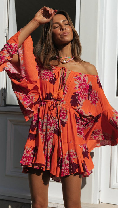 Antmvs Carrot Floral Off Shoulder Withdraw Rompers