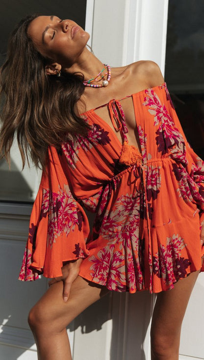 Antmvs Carrot Floral Off Shoulder Withdraw Rompers