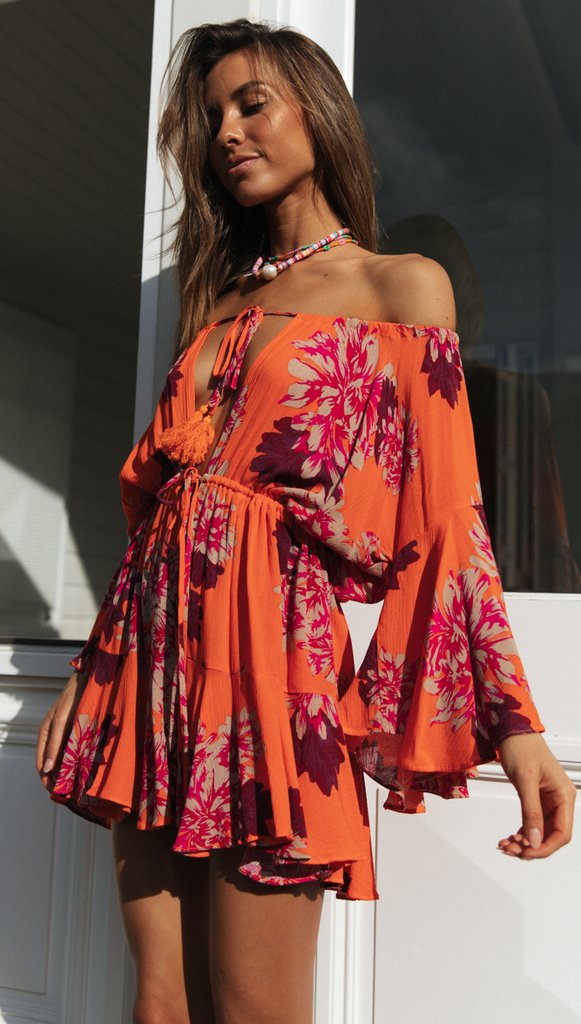 Antmvs Carrot Floral Off Shoulder Withdraw Rompers