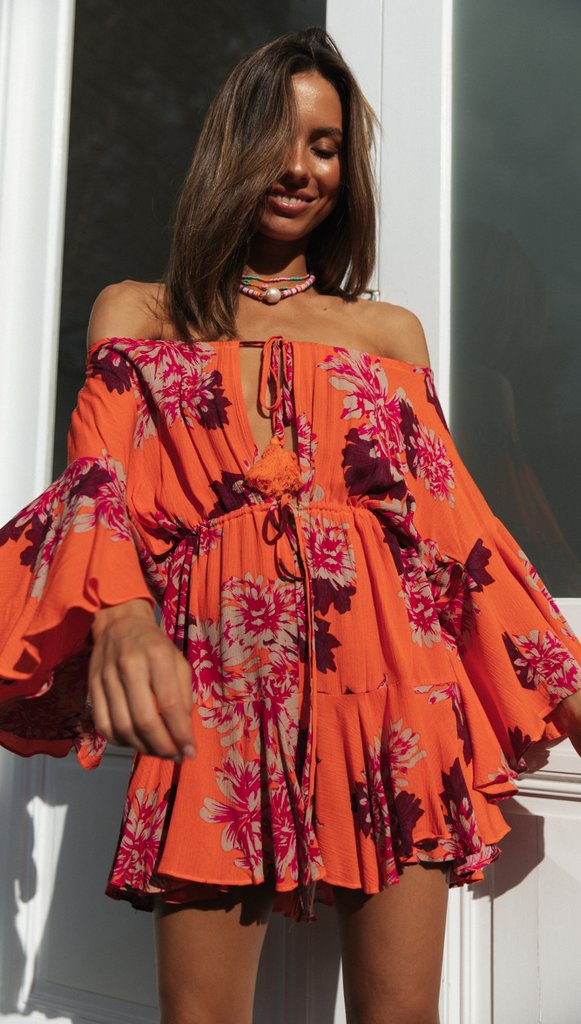 Antmvs Carrot Floral Off Shoulder Withdraw Rompers