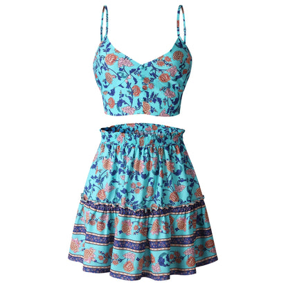 Antmvs Turquoise Floral Crop Top and Skirt Matching Sets