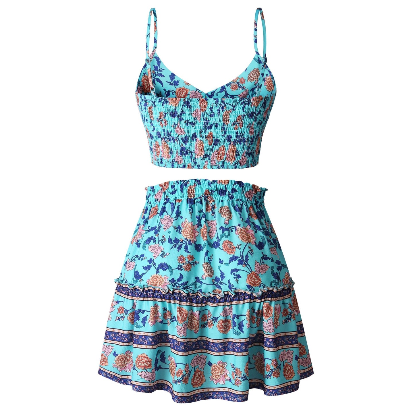 Antmvs Turquoise Floral Crop Top and Skirt Matching Sets