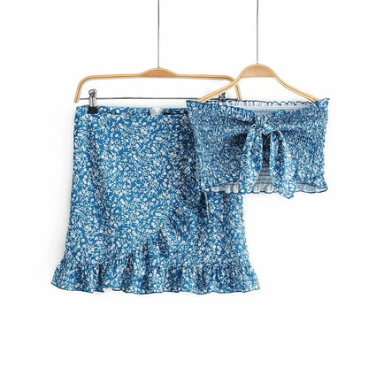 Antmvs Navy Floral Bowknot Top and Skirt Sets