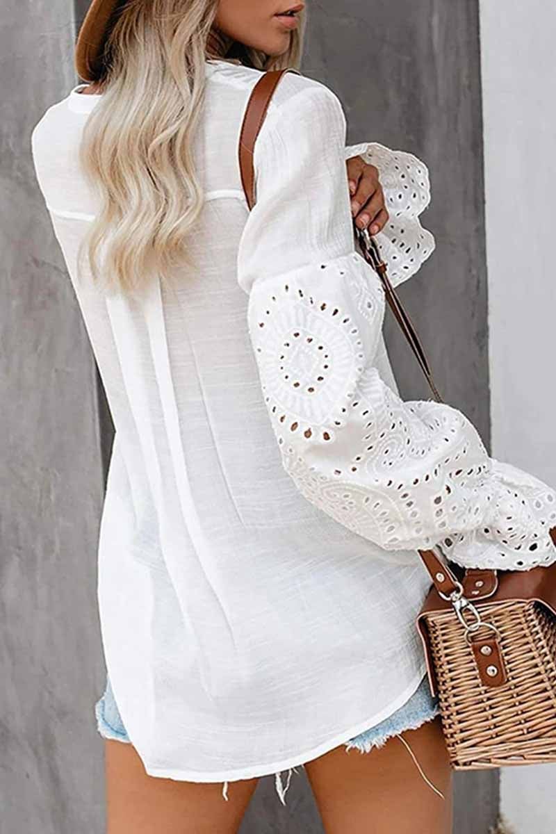 V-Neck Single Breasted Loose Flared Long Sleeves Tops (3 Colors����