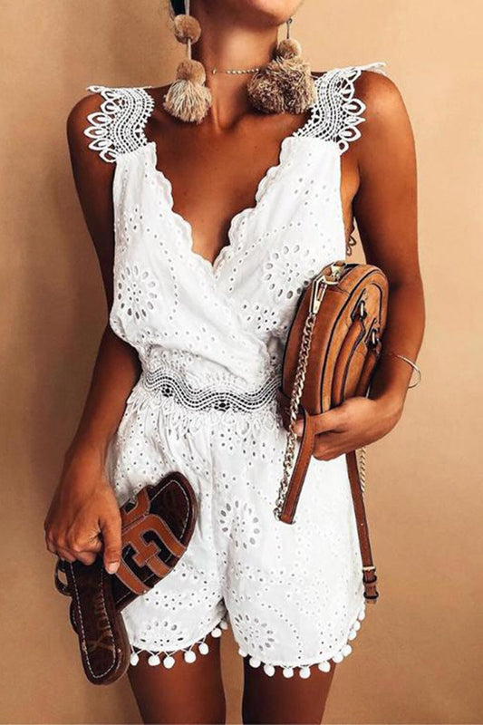 Antmvs Lace Patchwork Open Back V-Neck Romper