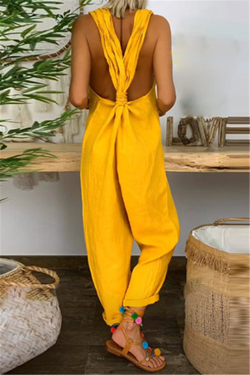 Antmvs Open Back Solid Color Sleeveless Jumpsuit