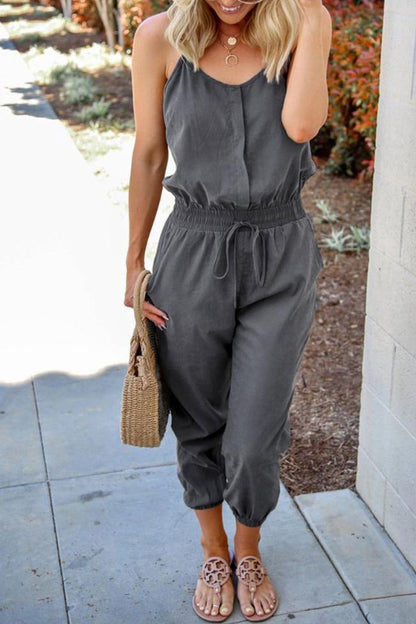 Antmvs Spaghetti Straps Drawstring Waist Pocket Jumpsuit