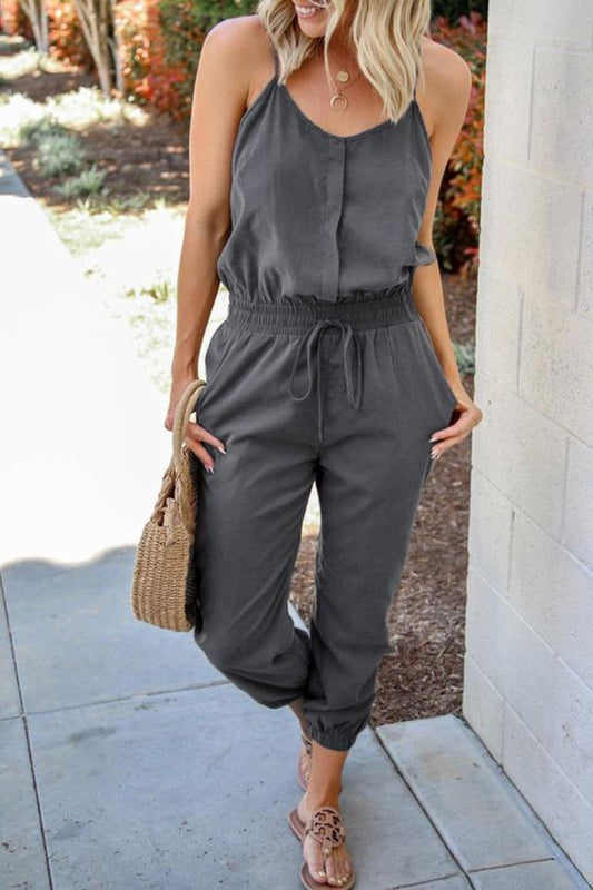 Antmvs Spaghetti Straps Drawstring Waist Pocket Jumpsuit