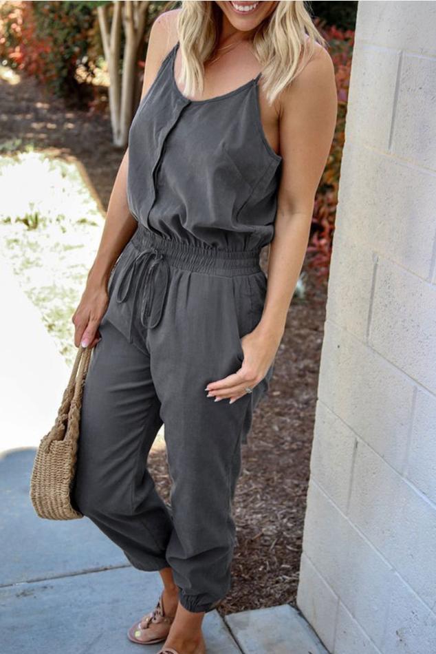 Antmvs Spaghetti Straps Drawstring Waist Pocket Jumpsuit