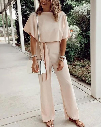 Antmvs Waist Belt Up Short Sleeve Jumpsuit