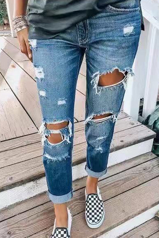 Antmvs Denim Hole Distressed Beading Jeans