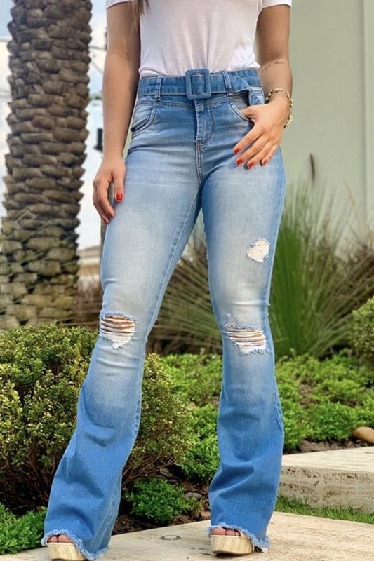 Antmvs Hight Waist Ripped Denim Pants(With Belt)