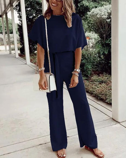 Antmvs Waist Belt Up Short Sleeve Jumpsuit