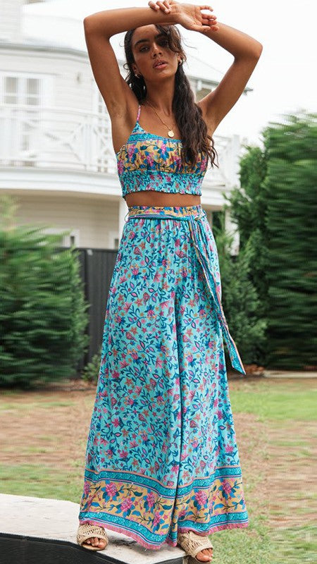 Antmvs Aqua Floral Crop Top and Pants Matching Sets