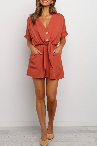 Antmvs Drawstring Waist V-Neck Knotted Romper