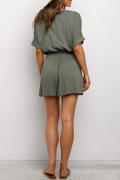 Antmvs Drawstring Waist V-Neck Knotted Romper