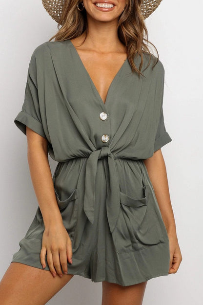 Antmvs Drawstring Waist V-Neck Knotted Romper