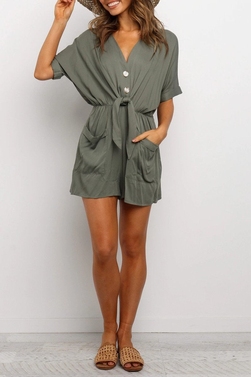 Antmvs Drawstring Waist V-Neck Knotted Romper