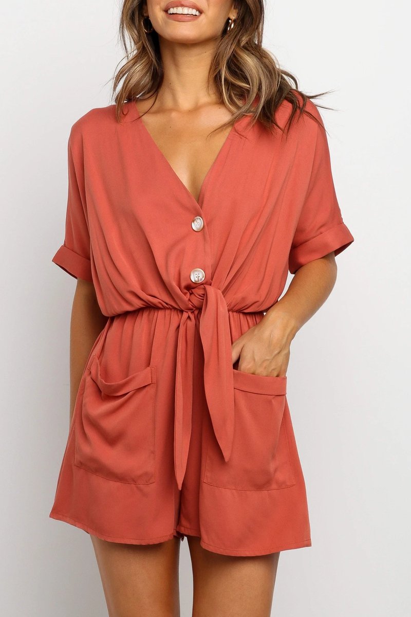 Antmvs Drawstring Waist V-Neck Knotted Romper