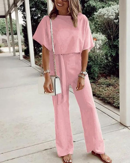 Antmvs Waist Belt Up Short Sleeve Jumpsuit