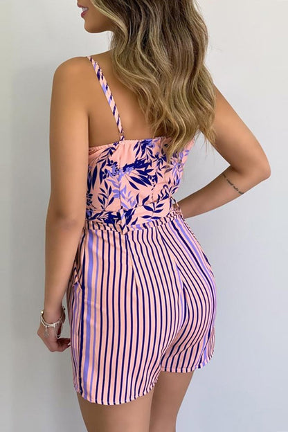 Antmvs Leaf Print Vertical Stripes Romper(With Belt)