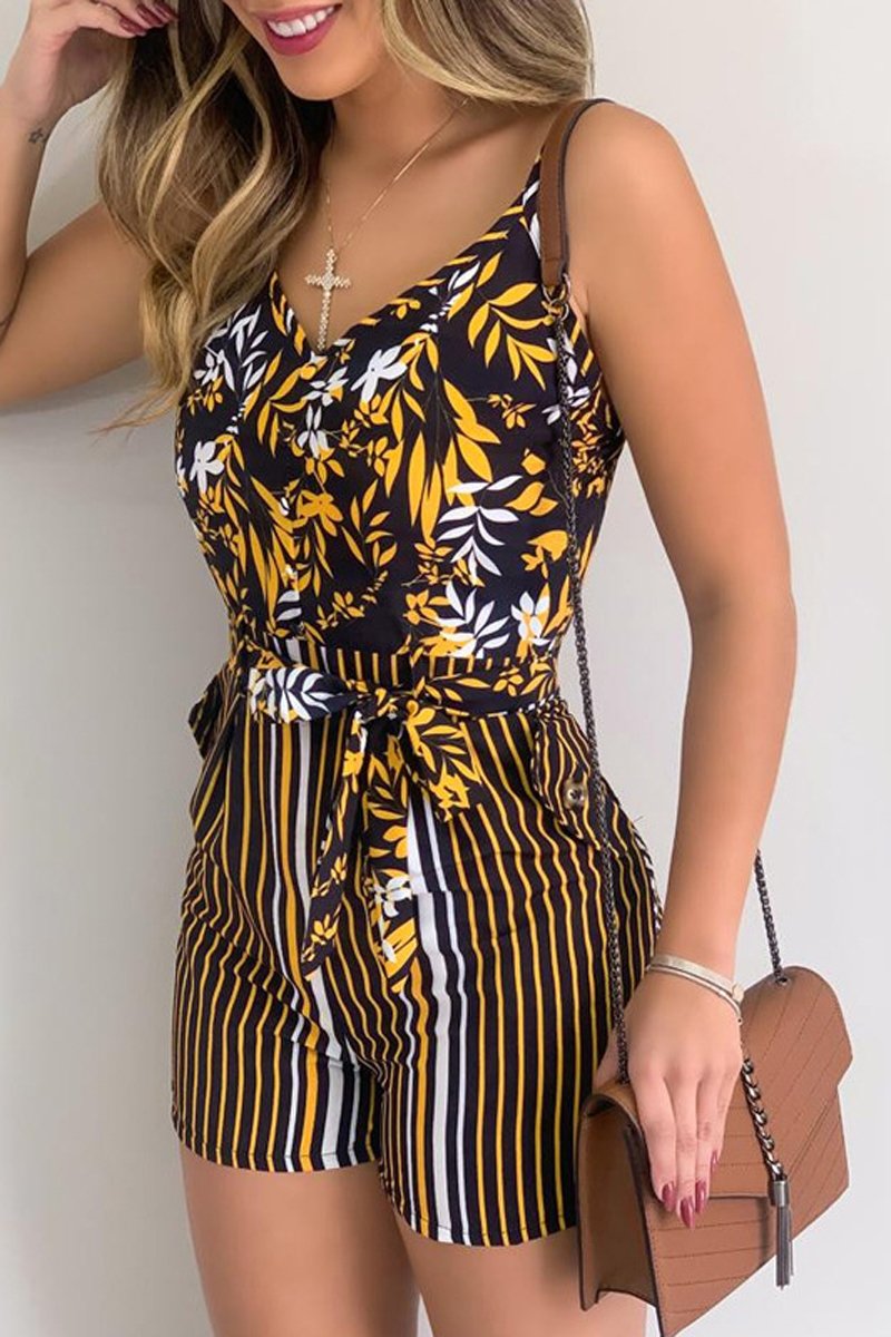 Antmvs Leaf Print Vertical Stripes Romper(With Belt)